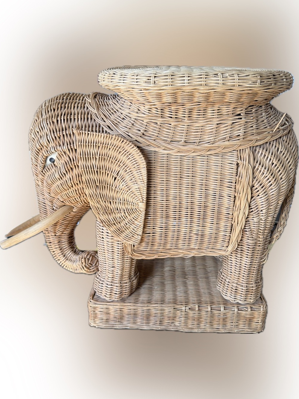 Handwoven Rattan Elephant Accent Stool, Plant Stand or End Table 19.5”
